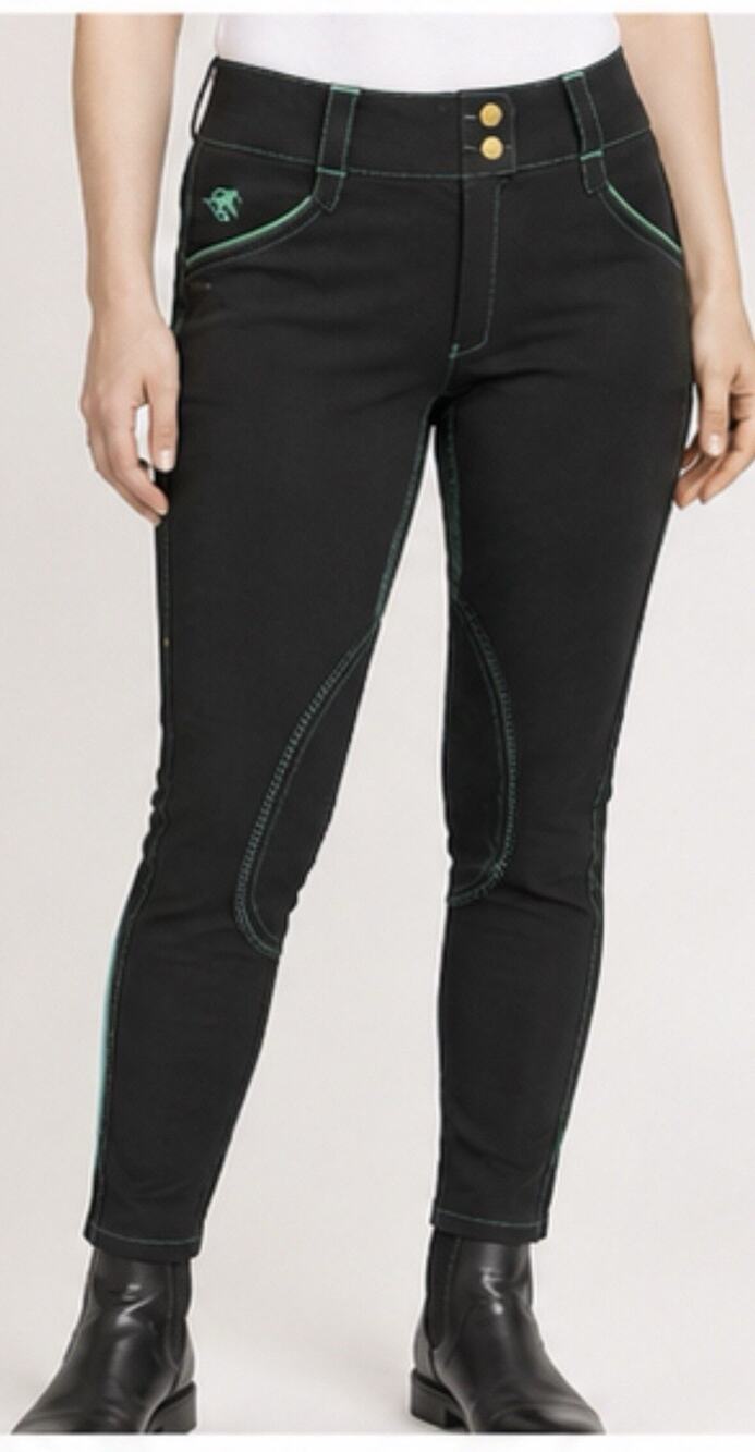 Piper by SmartPak Women’s Black Riding Breeches Pants Green Trim Equestrian 34 R